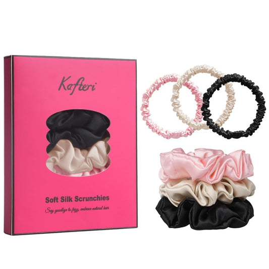 6Pcs Satin Silk Scrunchies for Women, Silk Hair Ties with Excellent Stretch, Large and Skinny Hair Ties No Damage, Satin Scrunchies for All Hairstyles (Champagne, Pink, Black)