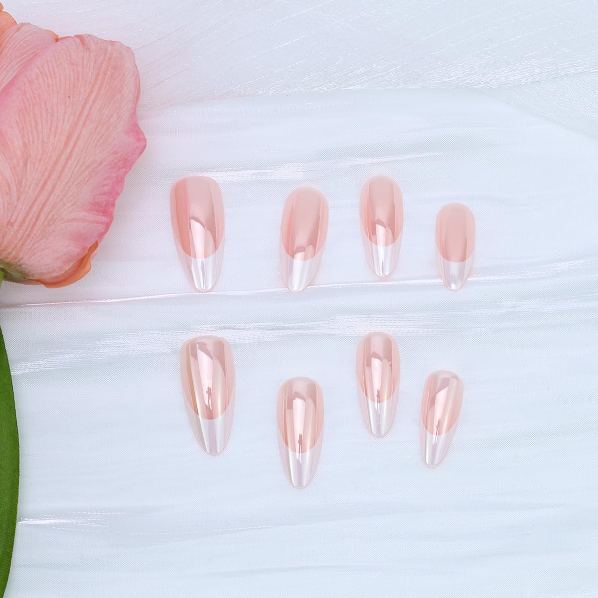 24PCS French Tip Press on Nails Medium Almond Fake Nails with Glue Handmade Pink Acrylic Nails Design Full Cover Glossy False Nails Stick on Nails for Women Manicure Decoration