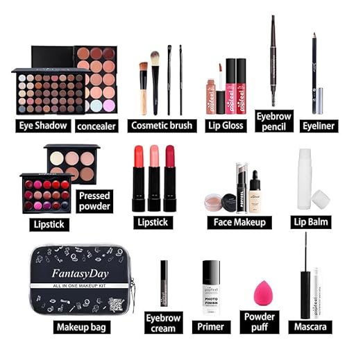 FantasyDay All in One Makeup Kit for Women Full Kit Girls Makeup Gift Sets Xmas Essential Bundle Include Eyeshadow Palette Lipstick Blush Concealer Eyeliner Mascara Foundation Brush Eyebrow Pencil