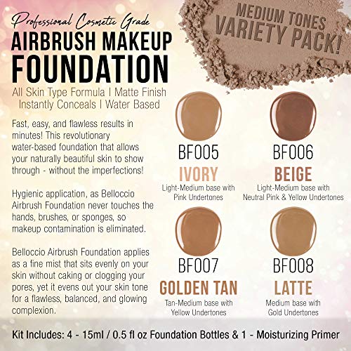 Airbrush Makeup Foundation Set with 4 Medium Shades & Primer - Natural, Long-Wear