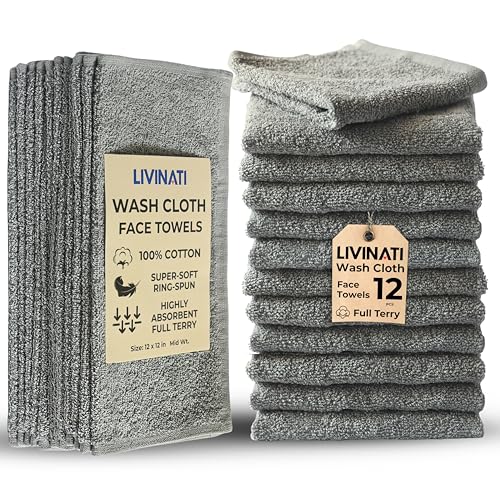 Gray Cotton Washcloths Set of 12 - 12x12 Inch Soft Bath Rags for Body & Face - LIVINATI