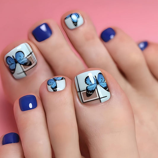 Dark Blue Press on Toenails Short Square Fake Toe Nails Blue Butterfly False Toenails Acrylic Toe Nail Press ons Gel Glue on Toe Nails Summer Toenail Press on Nails for Coquette Women 24Pcs