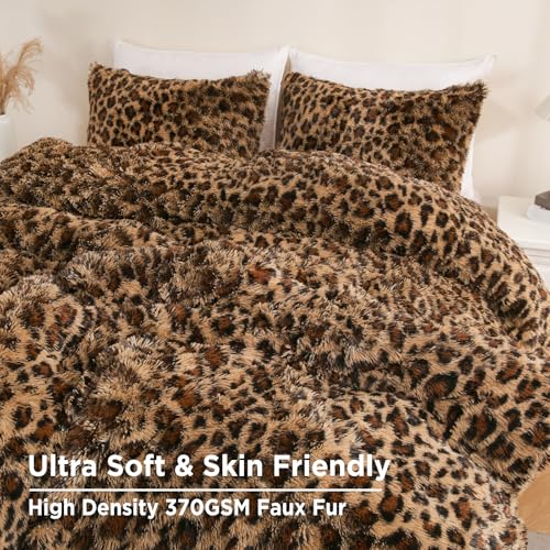 Bolder Queen Size Cheetah Faux Fur Comforter Set 3 Pieces - Brown