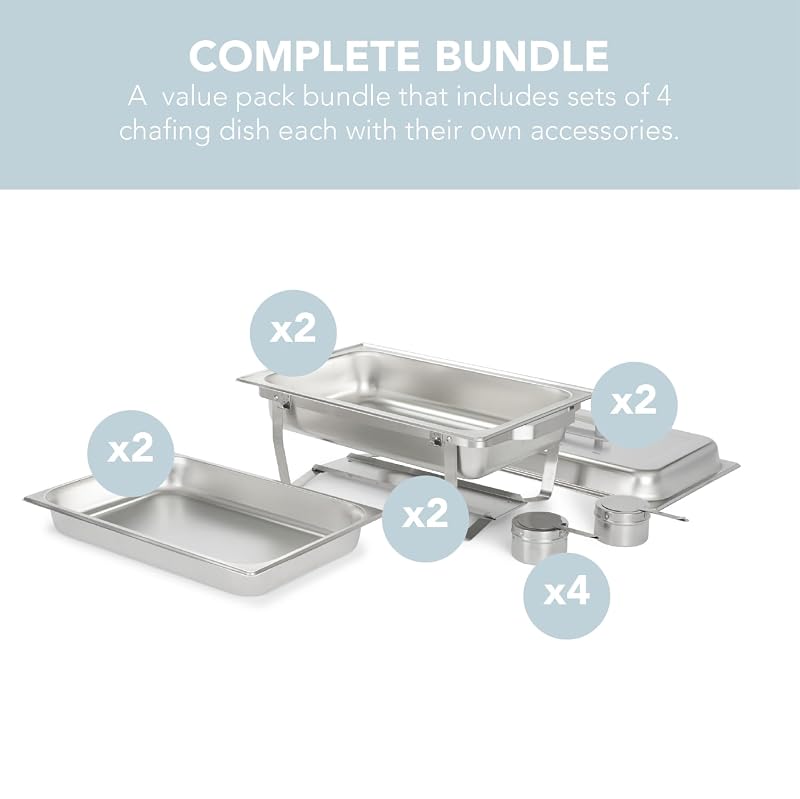2 Pack 8 Qt Chafing Dishes, Stainless Steel with Alpine Gray Handles - Complete Set