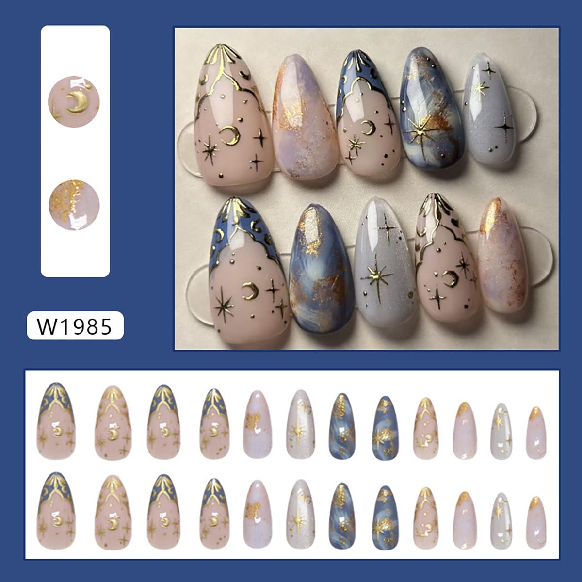24Pcs Gold Star Press on Nails Medium Almond Fake Nails 3D Gold Chrome Star Moon Glossy Designs Nude Pink Stick on Nails French Tip False Nails Full Cover Acrylic Artificial Nails for Women Girls