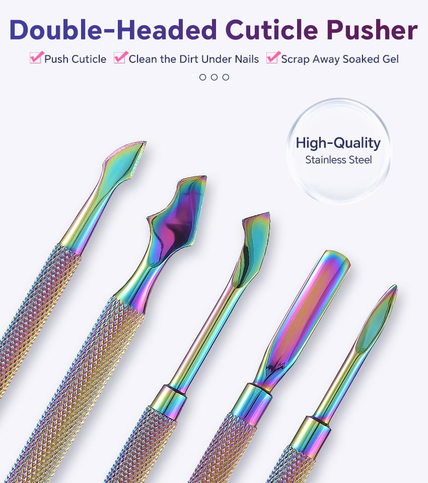 KAZIPOP Double-Headed Nail Cuticle Pusher Stainless Steel Cuticle Cleaner Gel Nail Polish Peeler Scraper 2-in-1 Cuticle Trimmer Metal Chameleon Cuticle Pusher (1)