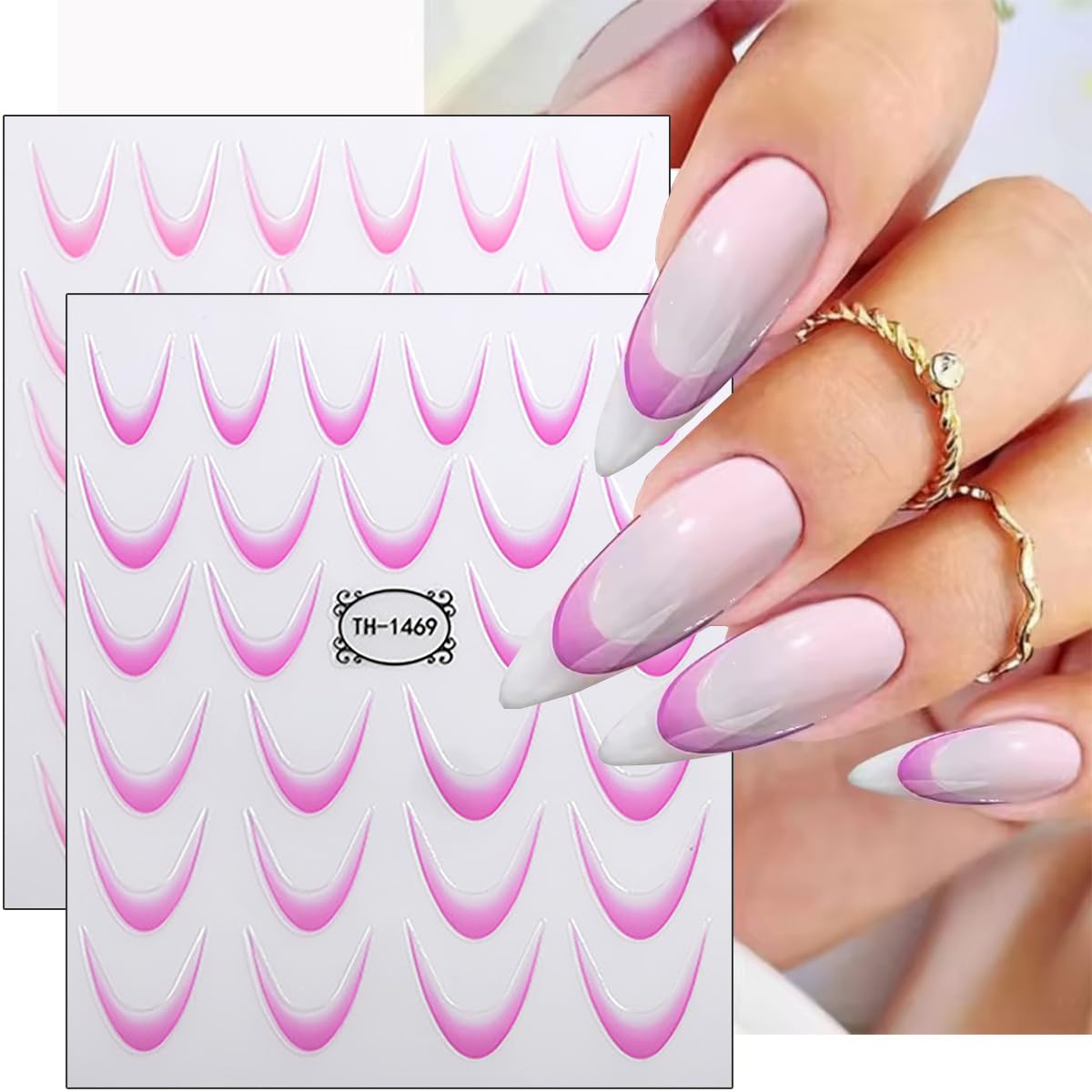 8 Sheets French Tip Nail Stickers 3D Self-Adhesive Frenchs Nail Art Stickers Colorful Curved Lines Design Nail Art Supplies Gradient French Tip Nail Decals for Women Girls Acrylic Manicure Kit DIY