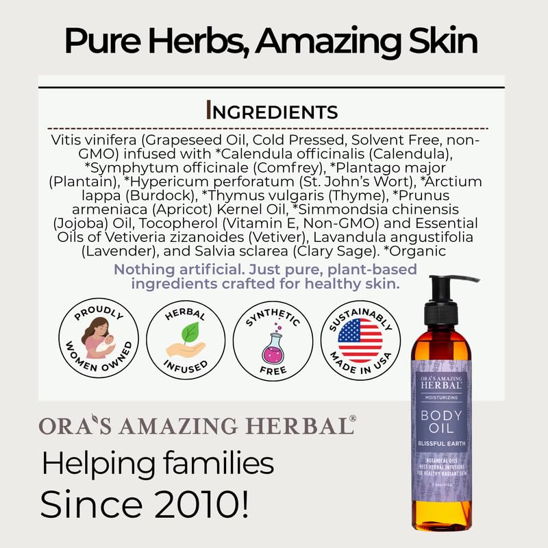 Ora's Amazing Herbal Blissful Earth Lavender Body Oil 7.5 oz - Moisturizing, Relaxing Massage & Bath Oil for Women & Men