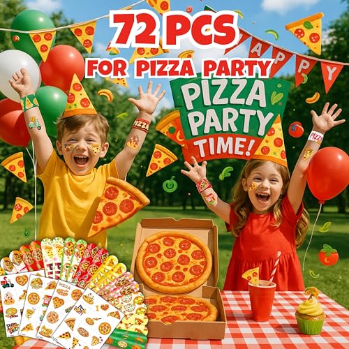 72PCS Pizza Party Set 48PCS Temporary Tattoos 24PCS Slap Bracelets Fun Food Themed Birthday Supplies, Baby Shower Gifts, Classroom Rewards & Party Decor for Kids Boys & Girls
