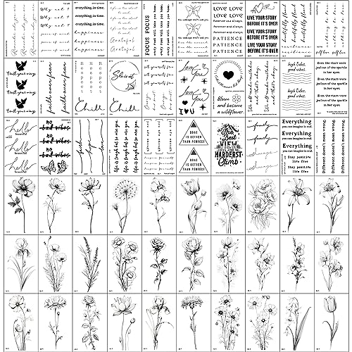 Realistic Temporary Tattoos - 60 Sheets Small Fake Tattoos, 30 Pcs Meaningful Scripts Words Tattoos, 30 Pcs Line Art Wild Flower Nature Tattoo Stickers for Women and Men