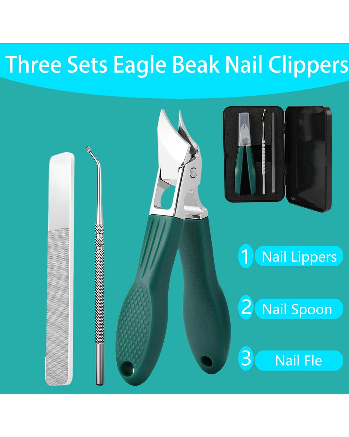 Eagle Beak Nail Clippers, Three Sets of Eagle Beak Beveled Nail Clippers, 2025 New Oblique Toenail Clippers, Wide Jaw Anti-Splash for Ingrown Toenails and Thick Nails for Seniors (Black)