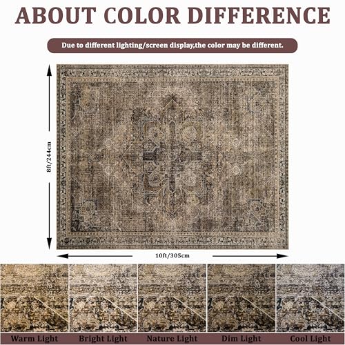 Large Washable Area Rug 8x10 Brown Faux Wool Vintage Print Non-Slip Backing