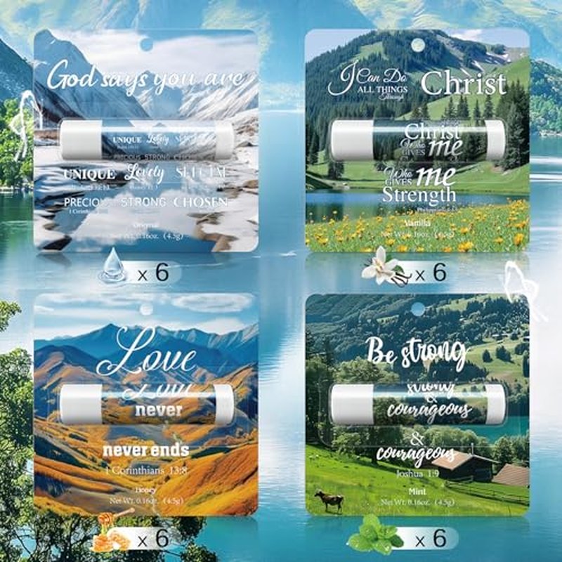 24 Pcs Christian Lip Balm with Scripture Church Small Gifts Bulk Natural Scenery Lip Balms Religious Faith Bible Verse Inspirational Gift Party Favors Coworkers