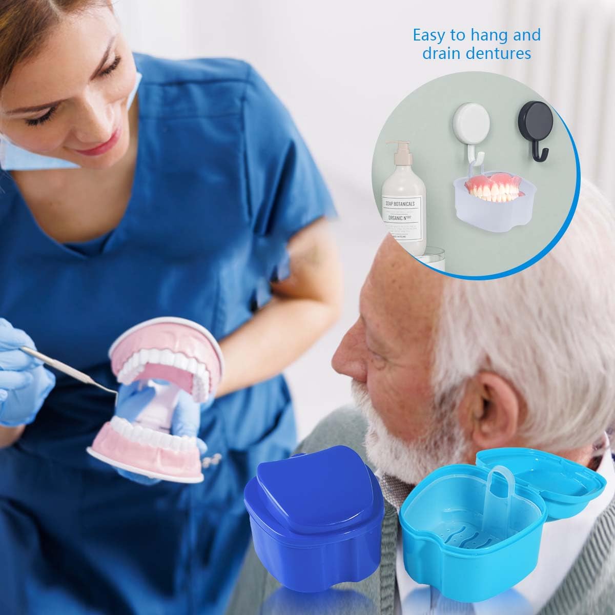 KISEER 2 Pack Colors Denture Bath Case Cup Box Holder Storage Soak Container with Strainer Basket for Travel Cleaning (Light Blue and Blue)
