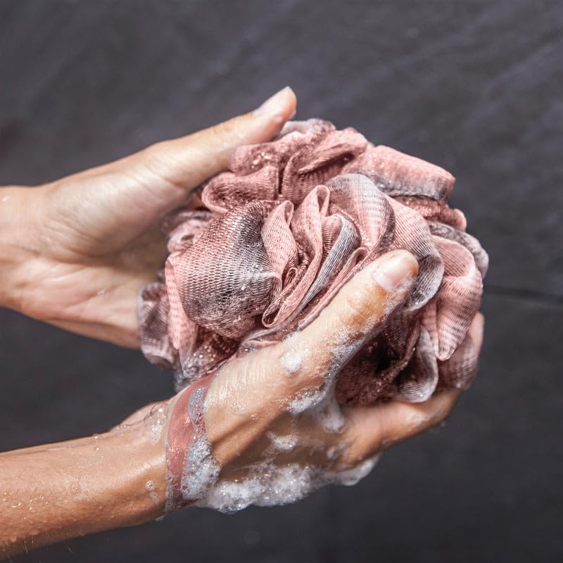 Toem Loofah Back Scrubber for Shower | Bamboo Charcoal Fiber Infused | Loufas for Men & Women | Includes 1 Long Handled Shower Sponge, 1 Bath & Shower Luffa Pouf & 1 Hook to Hang Stuff (Rose Pink)