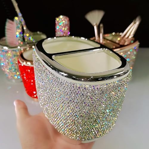 Luxury Bling Rhinestone-Embellished Makeup Organizer Box Storage ? Large Capacity Cosmetic Brush Lipstick Eyebrow Pencil Storage Box and Desktop Organizer Rack (Silver)