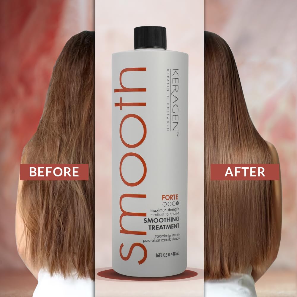 KERAGEN - Brazilian Smoothing Keratin Hair Treatment, Blowout Straightening System for Dry and Damaged Hair - Forte, Sulfate Free - Eliminates Curls and Frizz, Medium to Coarse Hair (16 Oz)