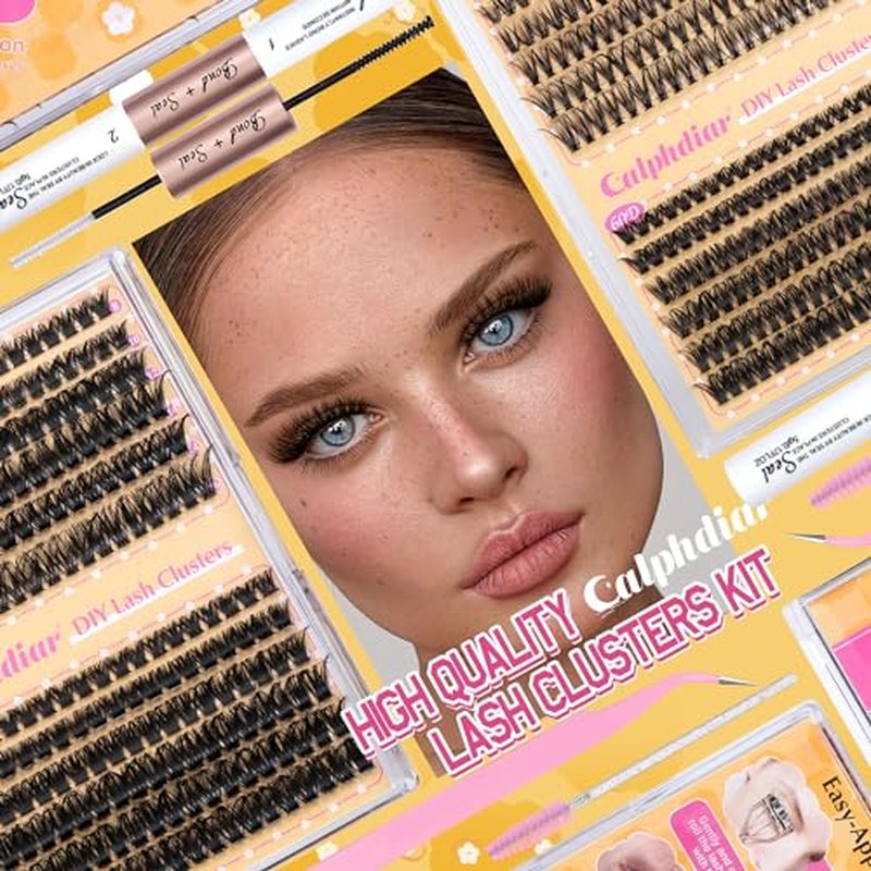 Calphdiar DIY Lash Extension Kit Wispy Eyelash?Extension Kit D Curvature Lash?Clusters Kit 8-16mm 474pcs Lashes Extension Kit with Lash Bond and Seal, Lash Tweezers, Eyelash Brush(40+60+80+100D)