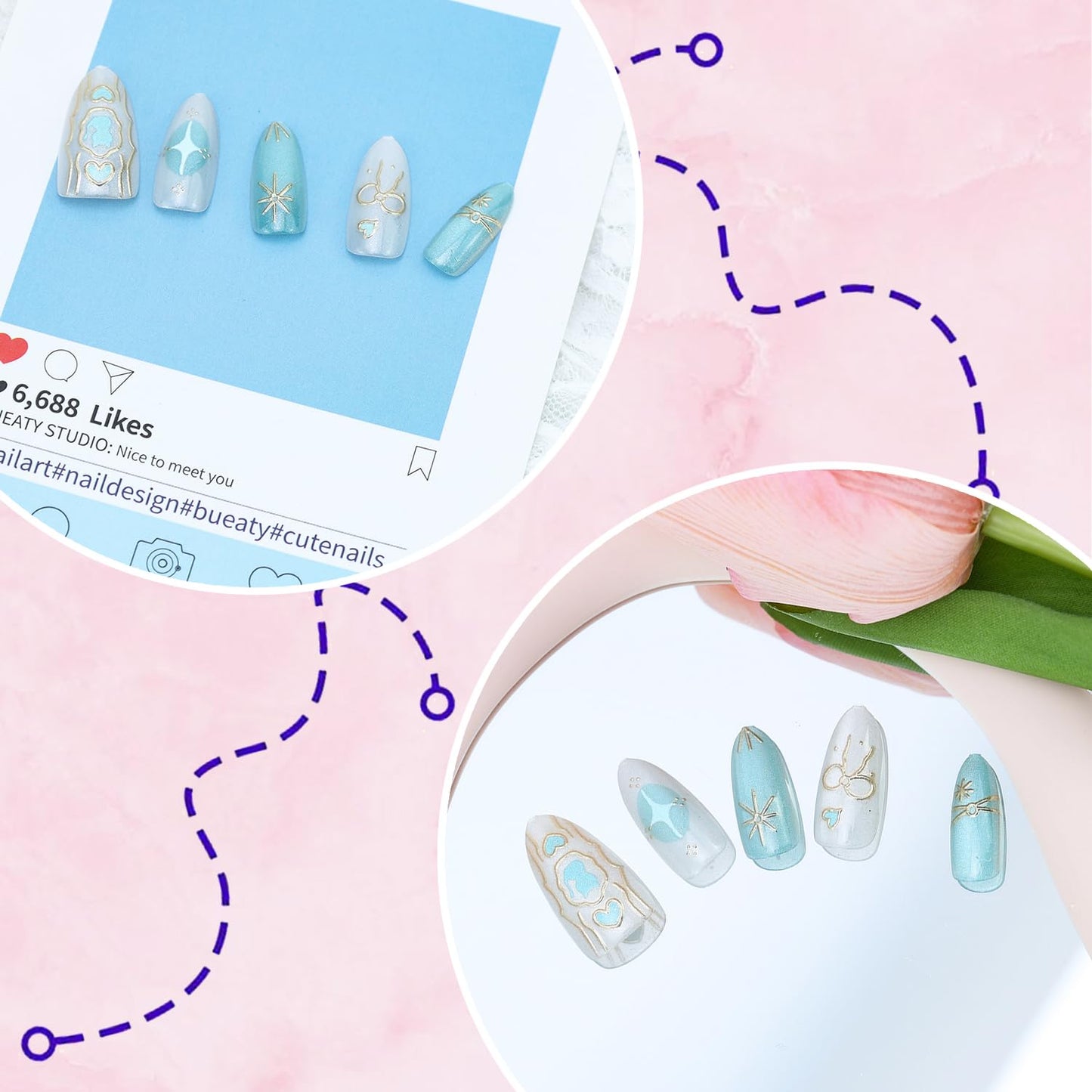 30pcs Blue Press on Nails Short Almond Fake Nails with 3D Gold Bow Heart Star Acrylic Nails Designs Blue Cute Cat False Nails Glue on Nails Glitter Full Cover Stick on Nails for Women Nail Decoration