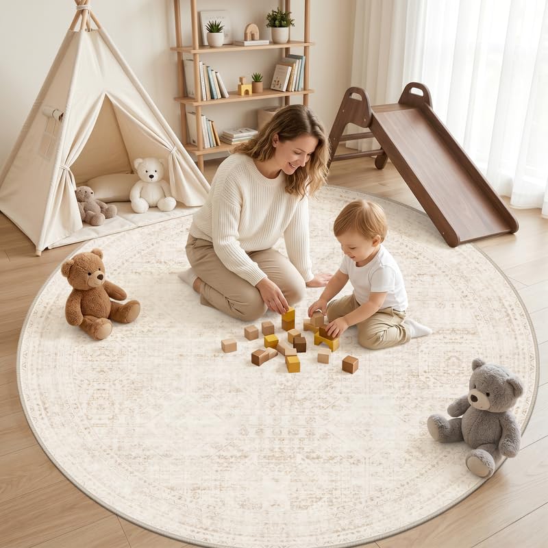 Round 8ft Washable Beige Area Rug - Soft Vintage Style Living Room Carpet with Non-Slip Backing