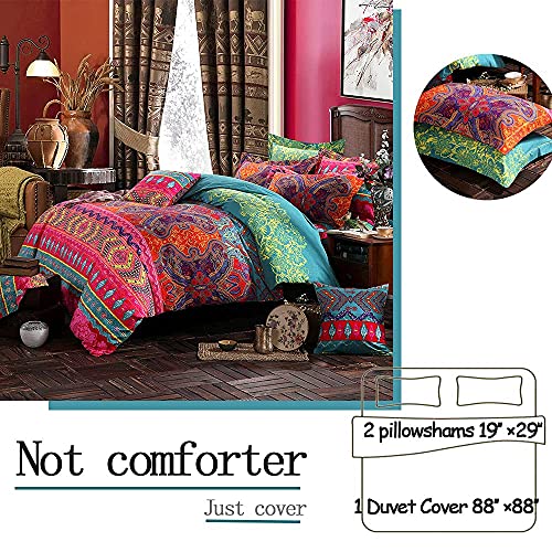 Boho Queen Duvet Cover Set with Pillowshams - Reversible Mandala Print, Red & Teal, 100% Cotton, Dark Red Variation