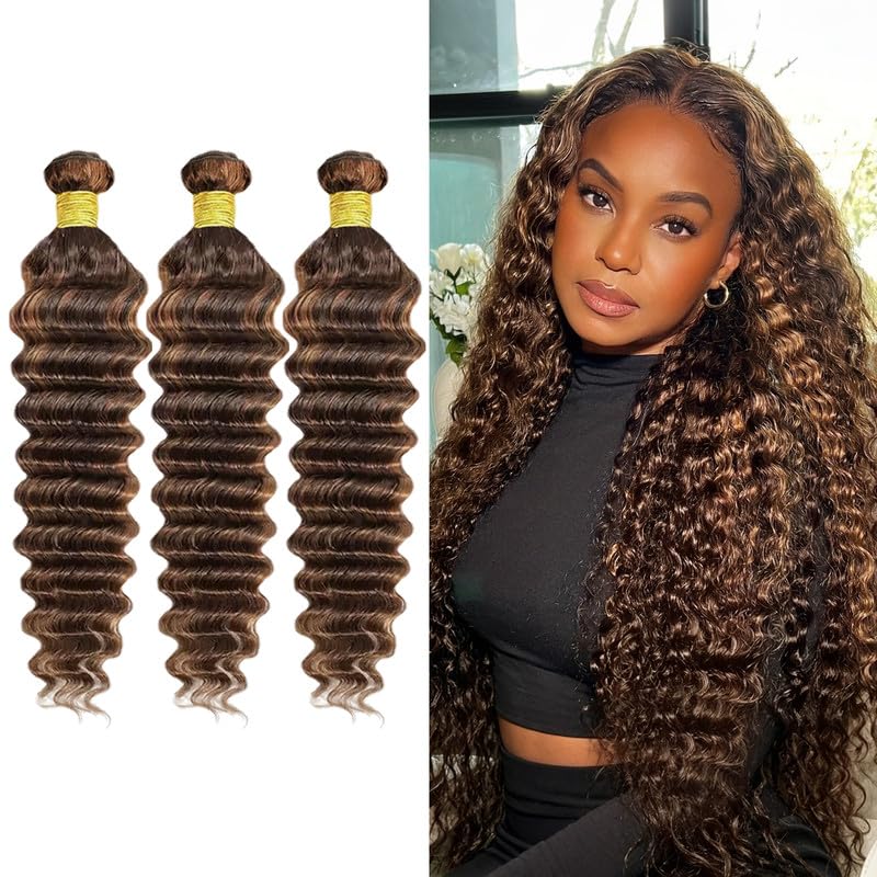 Deep Wave Brown Highlight Hair Bundles - P4/30 - 8, 10, 12 Inch - Human Hair Extensions
