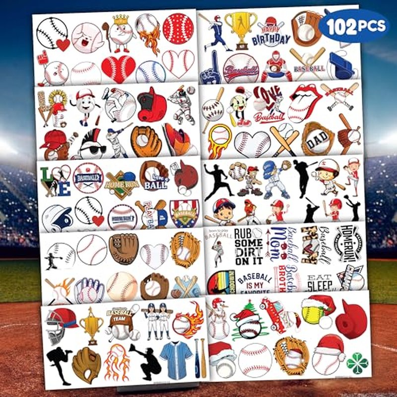 102 PCS Baseball Temporary Tattoos Sticker Softball Sports Theme Birthday Party Supplies Decorations Favors Gifts Boys Girls Adults Sporting Fans Game Player Cute Tattoo School Reward Prizes