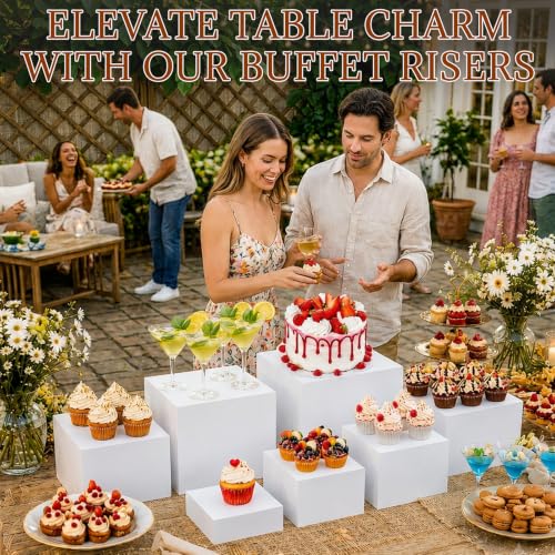 Cherizia 10-Piece White Acrylic Buffet Risers Set with Mini Sign Tongs & Cake Cutter - 3 to 10 Inch Variations