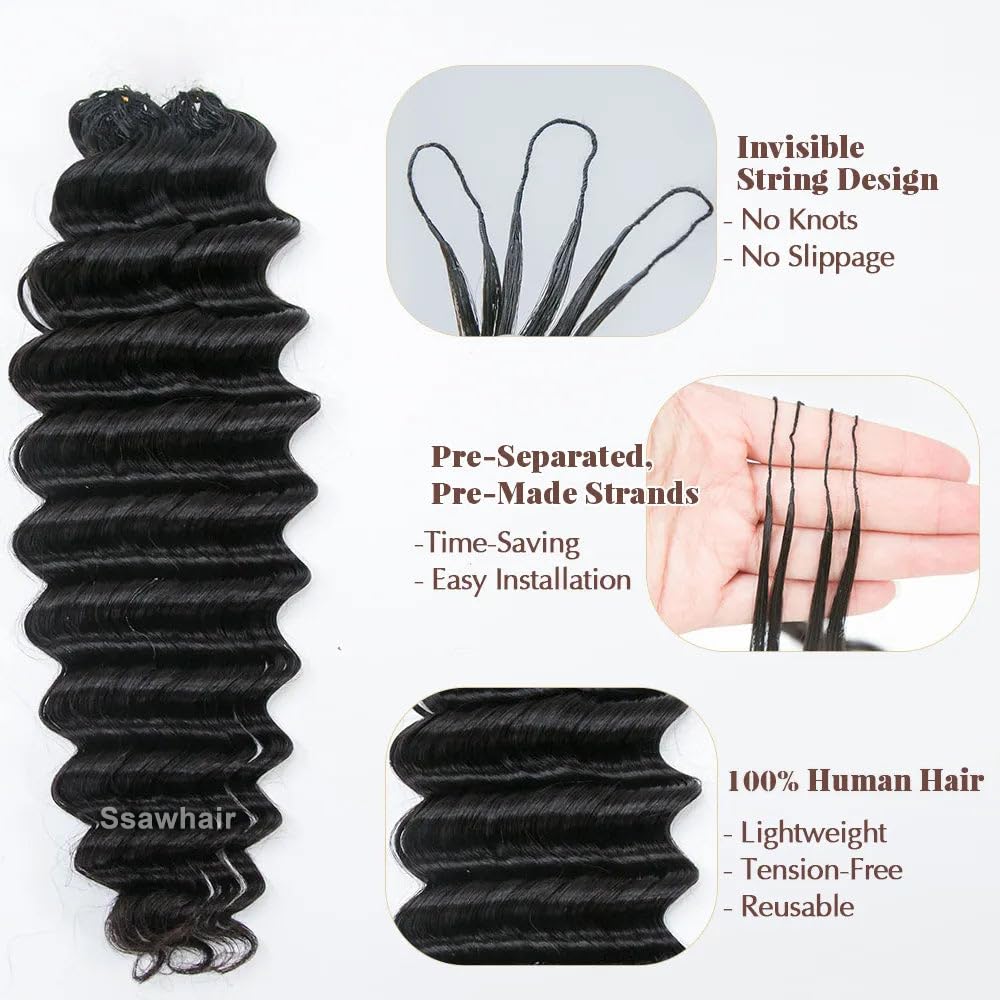 Ssawhair Deep Wave Crochet Human Hair Knotless Pre-Separated Deep Curly Human Hair With String Pre-Looped Reusable Feather Crochet Hair Extensions 20Inch 60g 50Strands