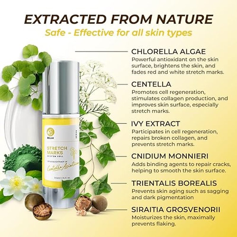 Belani stretch marks, regenerates damaged skin cells, stimulates collagen production and reshapes skin firmness. Deeply moisturizing essence leaves skin soft and flaky