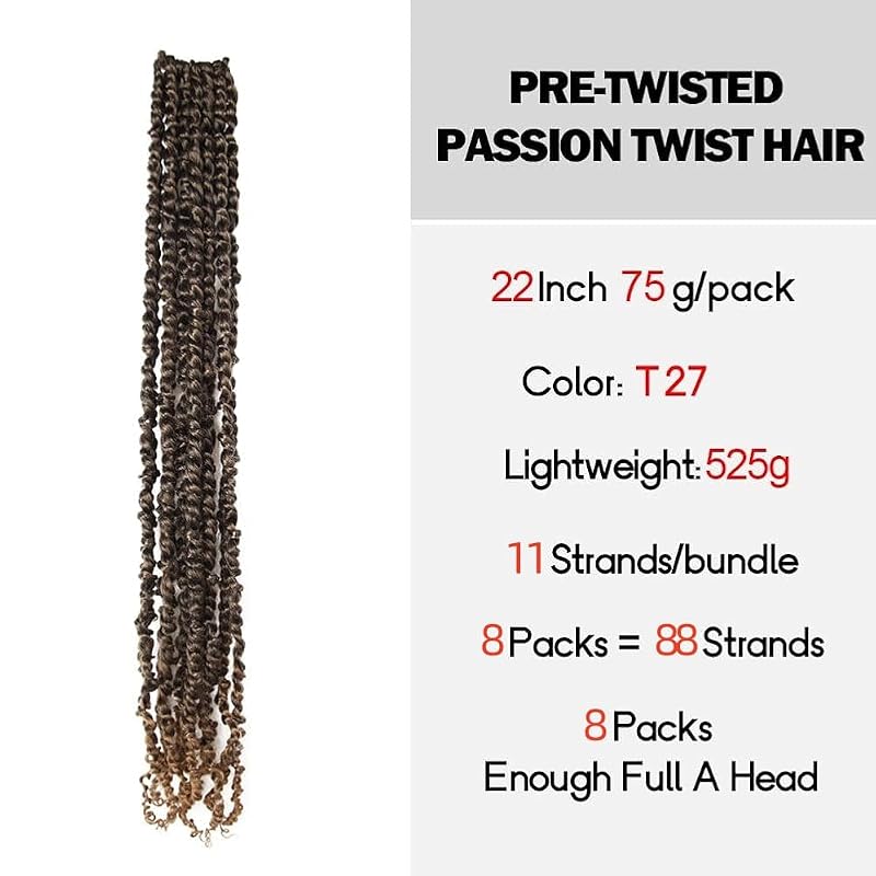 Pre-Twisted Passion Twist Crochet Hair 22 Inch for Black Women - Ombre Honey Blonde, Pack of 8