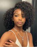 Black 16 Inch Kinky Curly Half Wig Human Hair 200 Density Seamless Flip Over Style - Glueless, Beginner Friendly