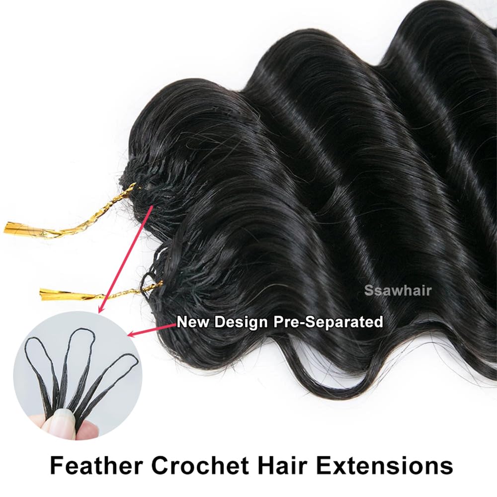 Ssawhair Deep Wave Crochet Human Hair Knotless Pre-Separated Deep Curly Human Hair With String Pre-Looped Reusable Feather Crochet Hair Extensions 20Inch 60g 50Strands