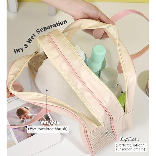 Travel Toiletry Bag, Large Clear Makeup Bag with Handles, Translucent Dry &Wet Separation Travel Bag for Skincare Products, Toiletries (Blue, Medium)