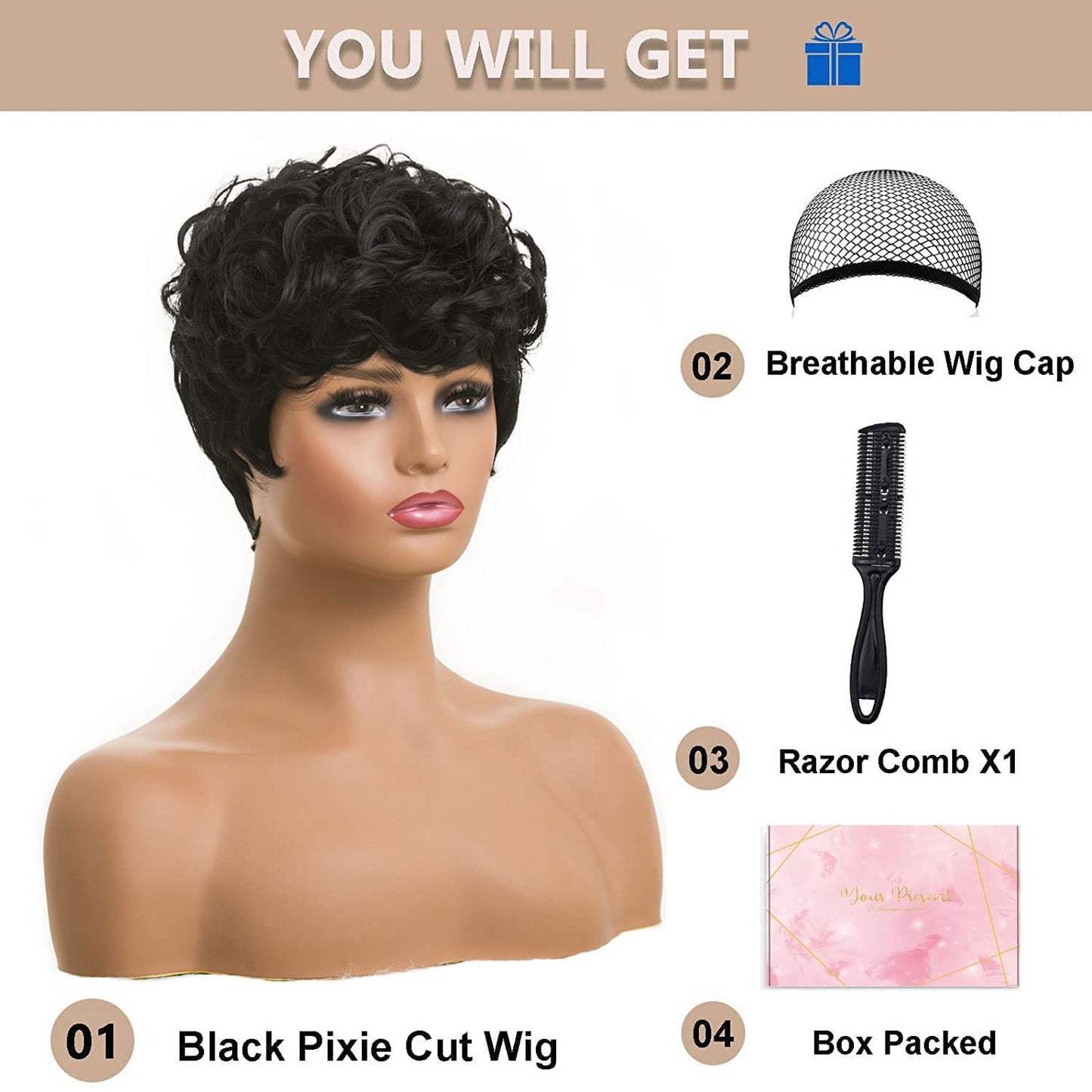 MOONSHOW Short Pixie Wigs for Black Women Short Black Curly Pixie Wig Synthetic Short Hair Wigs for Black Women Natural Wavy Black Pixie Cut Wig (Natural Black)