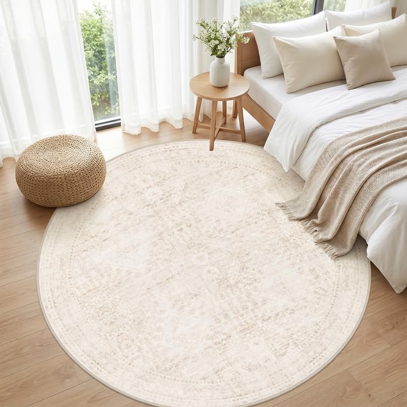 Round 8ft Washable Beige Area Rug - Soft Vintage Style Living Room Carpet with Non-Slip Backing