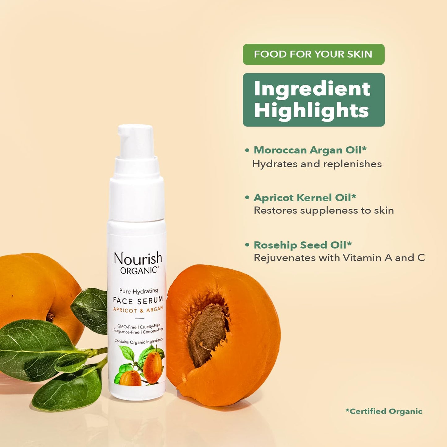 Nourish Organic Face Serum, Apricot & Argan – Pure Hydrating Facial Serum with Vitamin C and Vitamin A + Washable Cotton Round