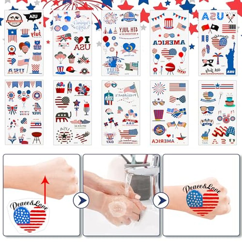 4th of July Tattoos,100PCS 4th of July Temporary Tattoos,Fourth of July Accessories,Red White and Blue Party Supplies Independence Day 2.7x 4.8 inches 10 Sheets