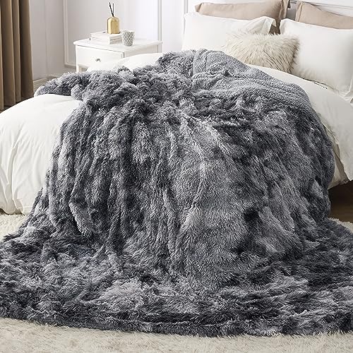 Bedsure Tie Dye Grey Faux Fur Sherpa King Bed Blanket 108x90 Inches