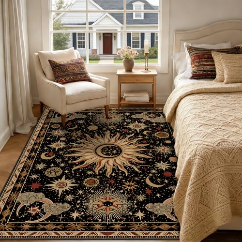 6x9 Black Gold Beige Red Washable Area Rug - Sun Moon Pattern, Vacuum-Friendly