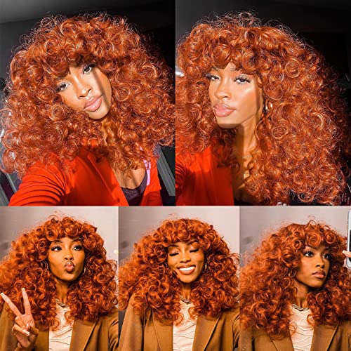Copper Curly Wig for Women Long Afro Hair with Bangs - Bouncy Synthetic Fiber, Glueless, Daily & Cosplay
