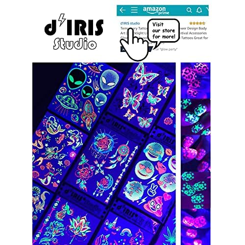 Temporary UV Blacklight Reactive Tattoos ? 1 Sheet Alien UFO Design Body Art Festival Accessories Glow in the Dark Party Supplies | 7.2¡± x 5.2¡± Temp Tattoos Great for EDM EDC Party Rave Parties