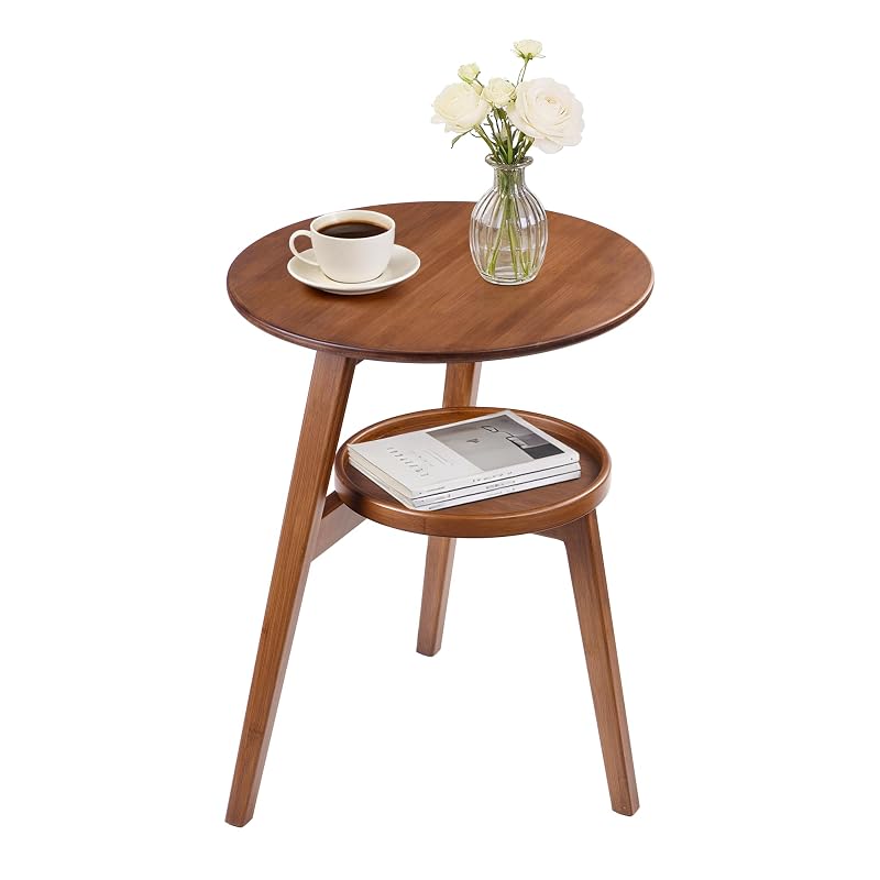 2-Tier Round Bamboo Side Table Brown-1 | Mid Century Modern End Table