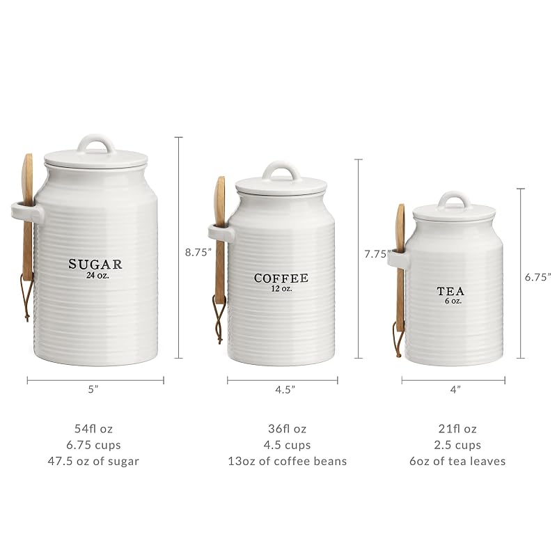 Barnyard Designs Ceramic Kitchen Canister Set, White (Coffee, Sugar, Tea) - Set of 3 - Tea/Coffee/Sugar Variation