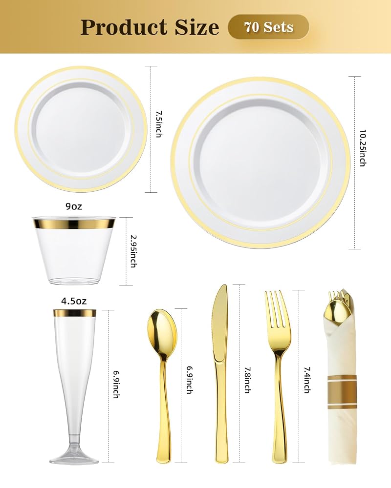 560Pcs Fancy Disposable Dinnerware Set for 70 Guests - Gold Rim Plates, Cups, Napkins & Glassware (Variation: Gold+560 Pcs)