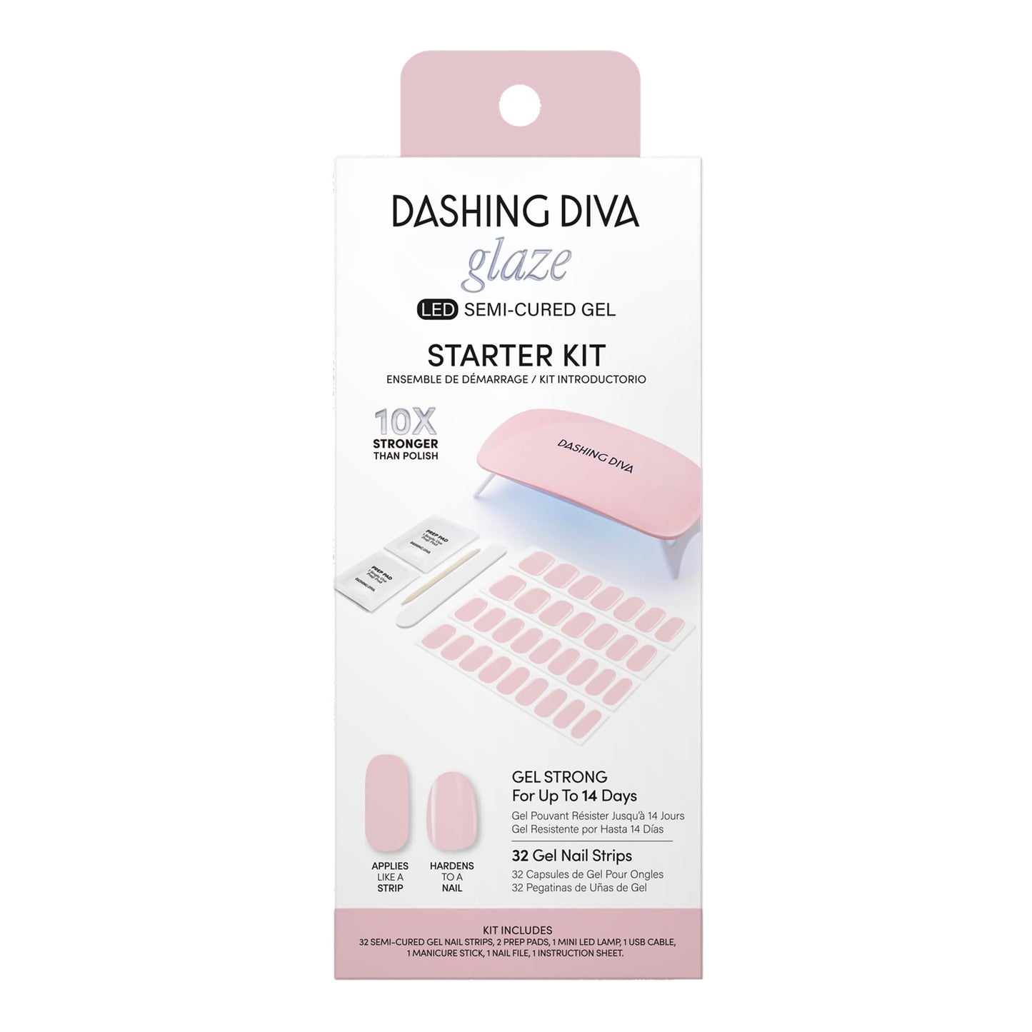 Dashing Diva Glaze Nail Starter Kit - Pale Blush - Long Lasting, Chip Resistant, Semi-Cured Gel Nail Strips - 7-Piece Manicure Set with 32 Strips and Mini LED Lamp