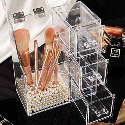White ShellKingdom Makeup Brush Holder with Drawers & Pearls - Large Clear Cosmetic Organizer
