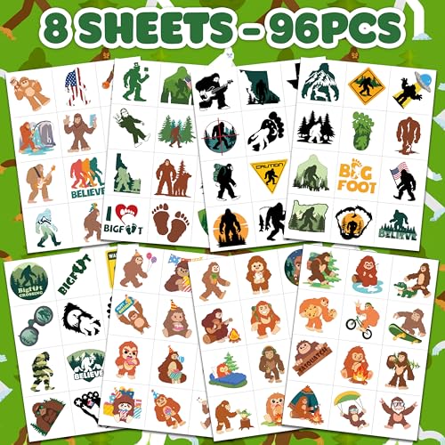96 PCS Funny Bigfoot Jungle Sasquatch Giant Pre-Cut Temporary Tattoos for Kids | Super Cute Themed Birthday Party Favors, Supplies, Decorations, Monster Fake Tattoo Stickers, Gifts For Boys & Girls