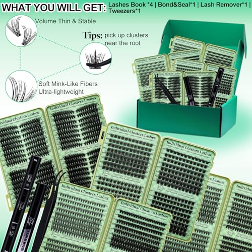 Lash Clusters Kit Wispy Eyelash Clusters Kit Cat Eye Lashes Clusters Kit Cluster Eyelash Extensions Pesta?as Postizas Naturales Lash Extension Kit+Lash Bond and Seal,Remover,Tweezers(4 Boxes Kit-1)