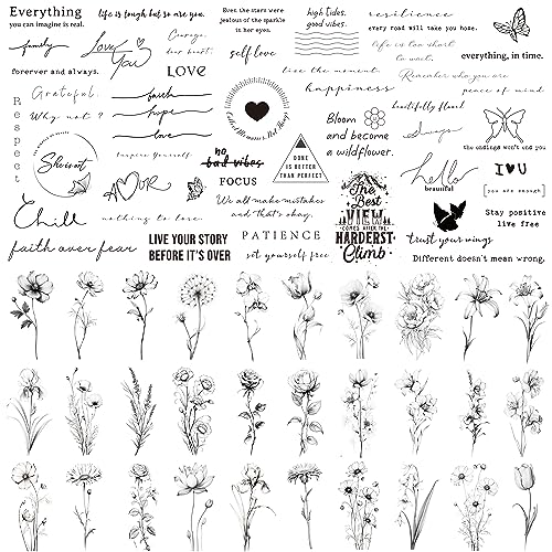 Realistic Temporary Tattoos - 60 Sheets Small Fake Tattoos, 30 Pcs Meaningful Scripts Words Tattoos, 30 Pcs Line Art Wild Flower Nature Tattoo Stickers for Women and Men